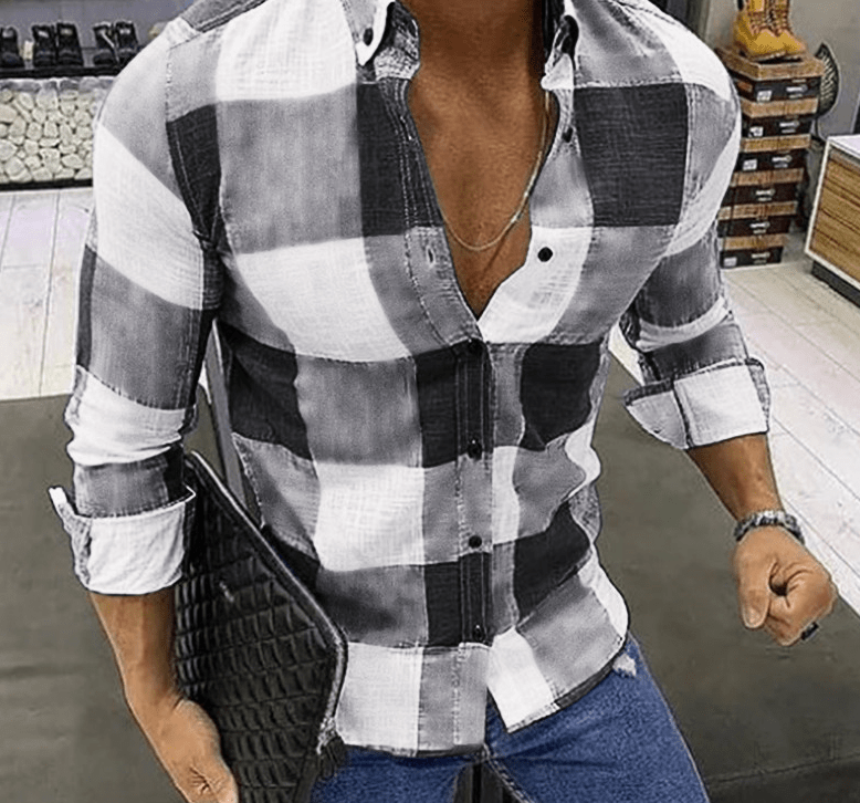 POWQUE URBAN STYLE Men's Casual Polyester Shirts - Black & White Plaid - POWQUE URBAN STYLE