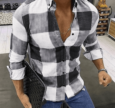 POWQUE URBAN STYLE Men's Casual Polyester Shirts - Black & White Plaid - POWQUE URBAN STYLE