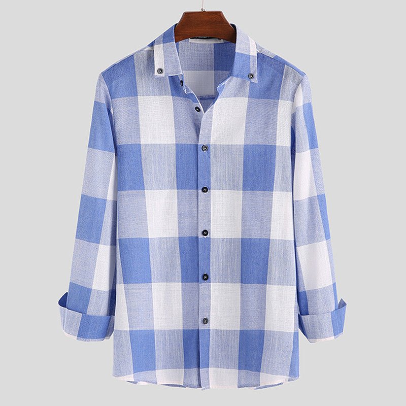 POWQUE URBAN STYLE Men's Casual Polyester Shirts - Black & White Plaid - POWQUE URBAN STYLE