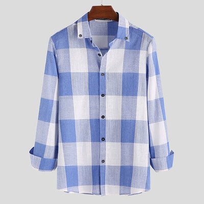 POWQUE URBAN STYLE Men's Casual Polyester Shirts - Black & White Plaid - POWQUE URBAN STYLE