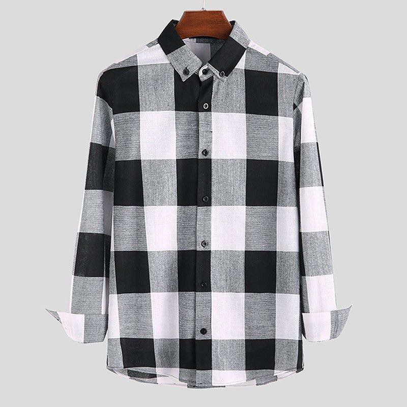POWQUE URBAN STYLE Men's Casual Polyester Shirts - Black & White Plaid - POWQUE URBAN STYLE