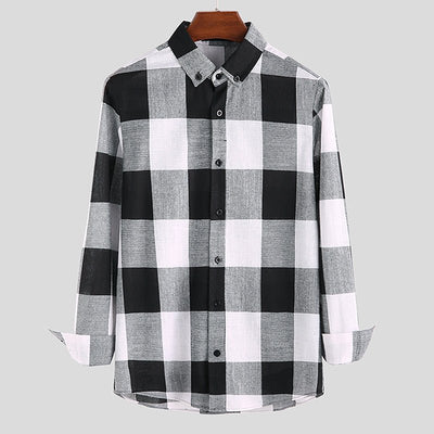 POWQUE URBAN STYLE Men's Casual Polyester Shirts - Black & White Plaid - POWQUE URBAN STYLE