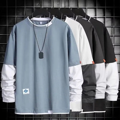 POWQUE URBAN STYLE Men's Color Block T-Shirt Layered Look - POWQUE URBAN STYLE