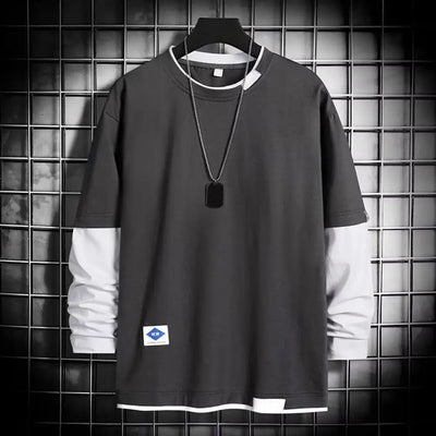 POWQUE URBAN STYLE Men's Color Block T-Shirt Layered Look - POWQUE URBAN STYLE