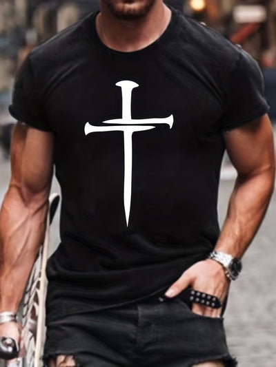 POWQUE URBAN STYLE Men's Cross Print T-Shirt - Bold Streetwear - POWQUE URBAN STYLE