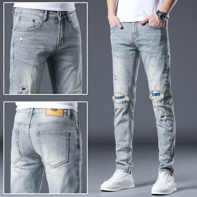 POWQUE URBAN STYLE Men's Ripped Patch Jeans Slim Fit - POWQUE URBAN STYLE