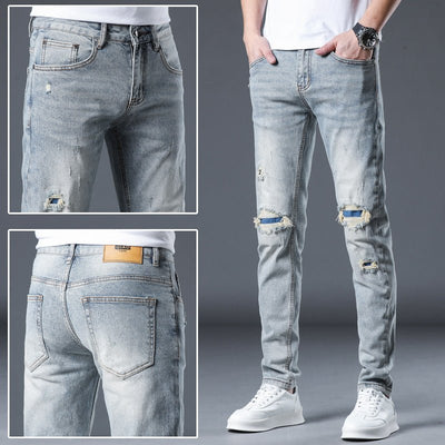 POWQUE URBAN STYLE Men's Ripped Patch Jeans Slim Fit - POWQUE URBAN STYLE