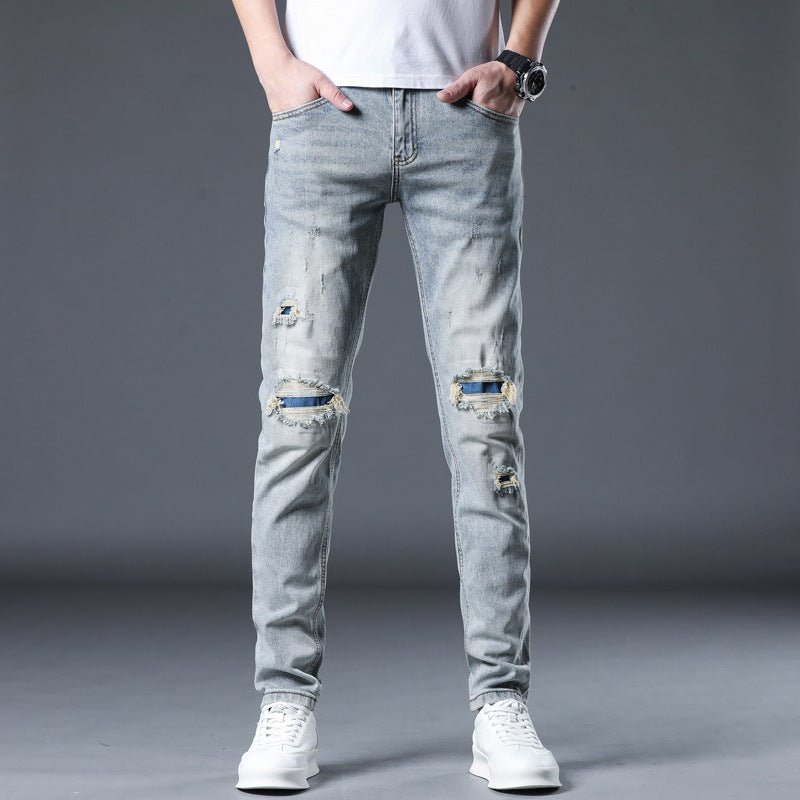 POWQUE URBAN STYLE Men's Ripped Patch Jeans Slim Fit - POWQUE URBAN STYLE