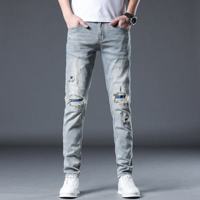 POWQUE URBAN STYLE Men's Ripped Patch Jeans Slim Fit - POWQUE URBAN STYLE