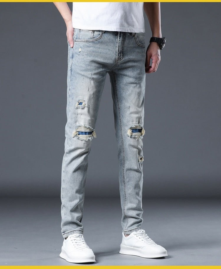 POWQUE URBAN STYLE Men's Ripped Patch Jeans Slim Fit - POWQUE URBAN STYLE