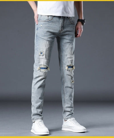 POWQUE URBAN STYLE Men's Ripped Patch Jeans Slim Fit - POWQUE URBAN STYLE