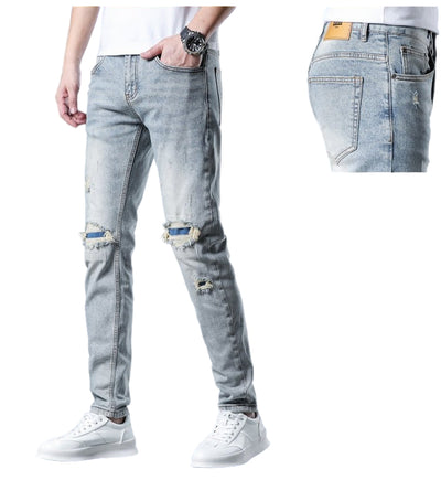 POWQUE URBAN STYLE Men's Ripped Patch Jeans Slim Fit - POWQUE URBAN STYLE