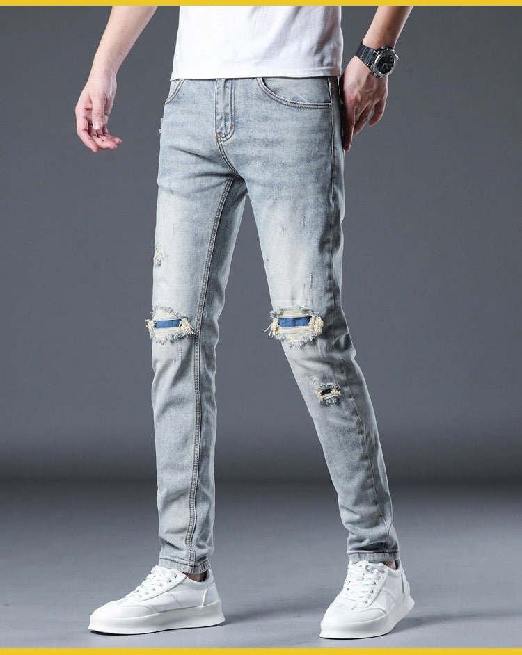POWQUE URBAN STYLE Men's Ripped Patch Jeans Slim Fit - POWQUE URBAN STYLE
