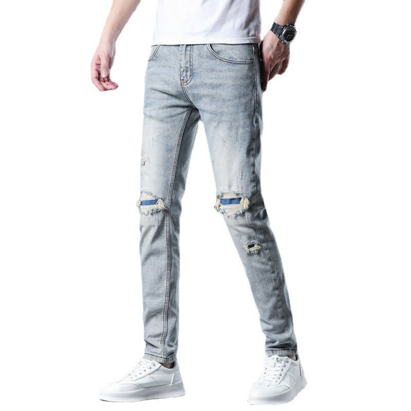 POWQUE URBAN STYLE Men's Ripped Patch Jeans Slim Fit - POWQUE URBAN STYLE