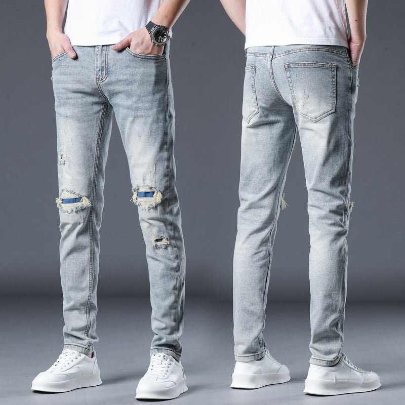 POWQUE URBAN STYLE Men's Ripped Patch Jeans Slim Fit - POWQUE URBAN STYLE