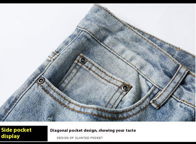 POWQUE URBAN STYLE Men's Ripped Patch Jeans Slim Fit - POWQUE URBAN STYLE