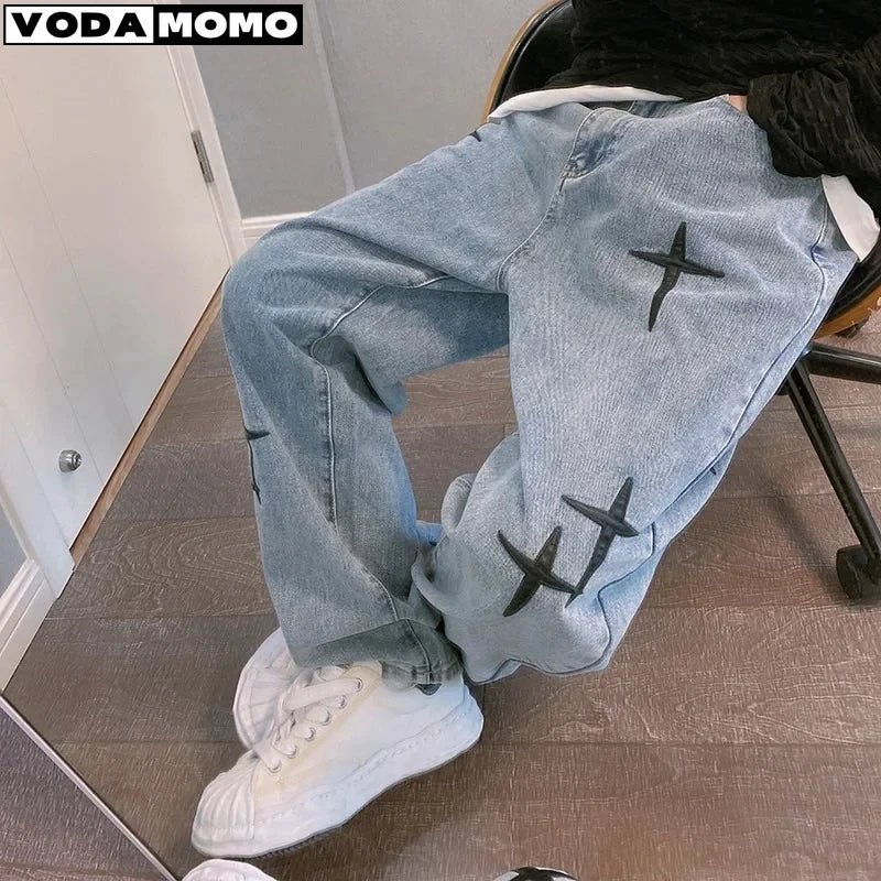 POWQUE URBAN STYLE Men's Wide Leg Cargo Pants Denim - POWQUE URBAN STYLE