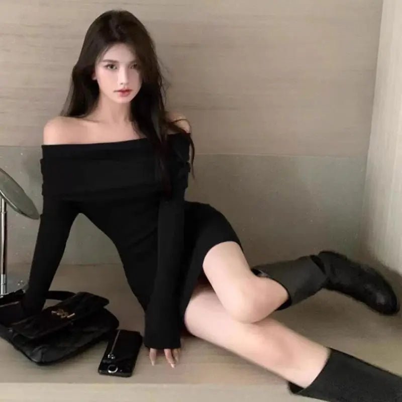 POWQUE URBAN STYLE Off Shoulder Black Sweater Dress - POWQUE URBAN STYLE