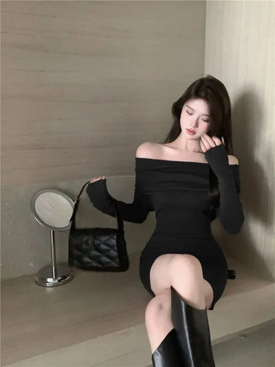 POWQUE URBAN STYLE Off Shoulder Black Sweater Dress - POWQUE URBAN STYLE