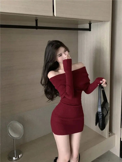 POWQUE URBAN STYLE Off Shoulder Black Sweater Dress - POWQUE URBAN STYLE