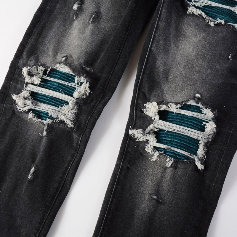 POWQUE URBAN STYLE Retro Ripped Black Jeans with Blue Patch - POWQUE URBAN STYLE
