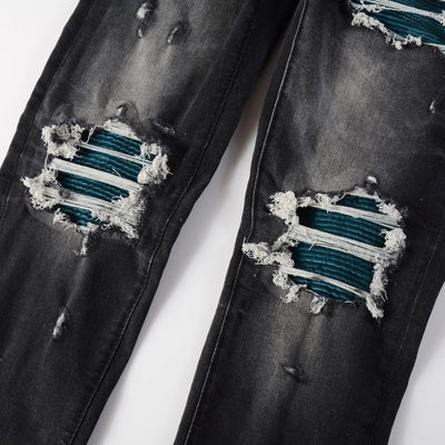 POWQUE URBAN STYLE Retro Ripped Black Jeans with Blue Patch - POWQUE URBAN STYLE