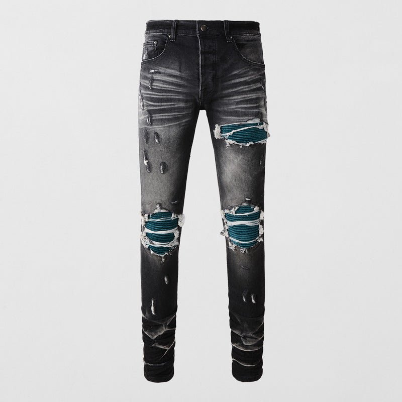 POWQUE URBAN STYLE Retro Ripped Black Jeans with Blue Patch - POWQUE URBAN STYLE