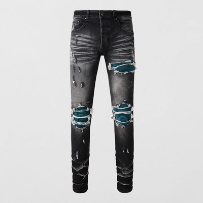POWQUE URBAN STYLE Retro Ripped Black Jeans with Blue Patch - POWQUE URBAN STYLE
