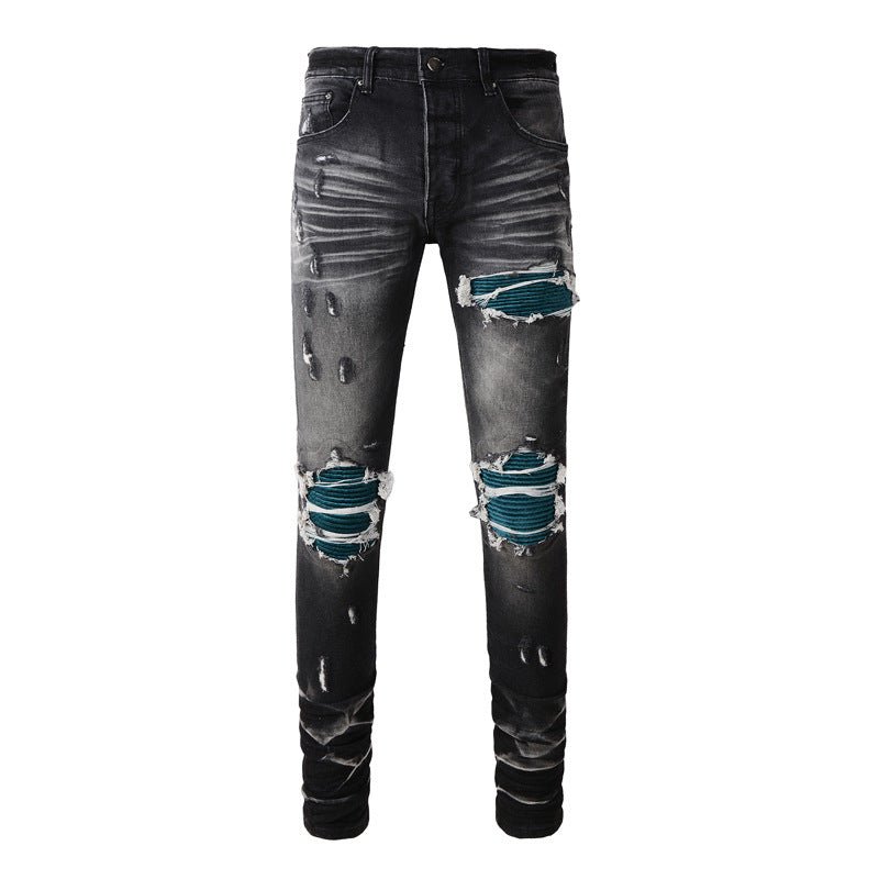 POWQUE URBAN STYLE Retro Ripped Black Jeans with Blue Patch - POWQUE URBAN STYLE