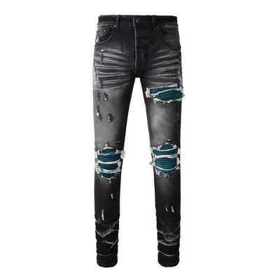 POWQUE URBAN STYLE Retro Ripped Black Jeans with Blue Patch - POWQUE URBAN STYLE