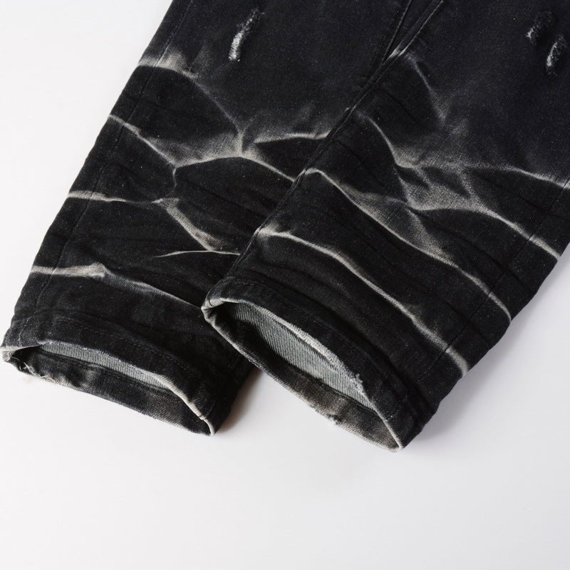 POWQUE URBAN STYLE Retro Ripped Black Jeans with Blue Patch - POWQUE URBAN STYLE