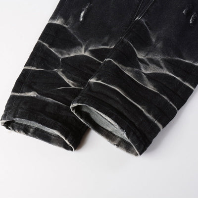 POWQUE URBAN STYLE Retro Ripped Black Jeans with Blue Patch - POWQUE URBAN STYLE