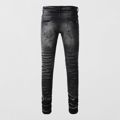 POWQUE URBAN STYLE Retro Ripped Black Jeans with Blue Patch - POWQUE URBAN STYLE
