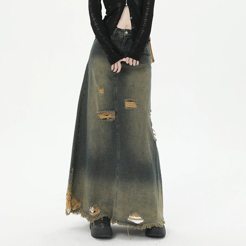 POWQUE URBAN STYLE Retro Tattered Denim Skirt Long - POWQUE URBAN STYLE