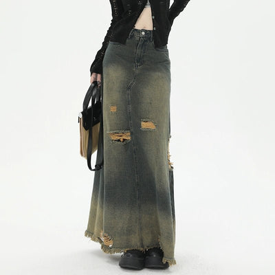 POWQUE URBAN STYLE Retro Tattered Denim Skirt Long - POWQUE URBAN STYLE