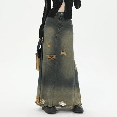 POWQUE URBAN STYLE Retro Tattered Denim Skirt Long - POWQUE URBAN STYLE