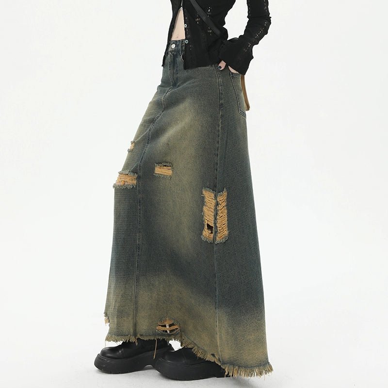 POWQUE URBAN STYLE Retro Tattered Denim Skirt Long - POWQUE URBAN STYLE