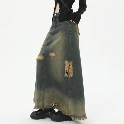 POWQUE URBAN STYLE Retro Tattered Denim Skirt Long - POWQUE URBAN STYLE