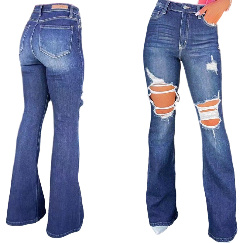 POWQUE URBAN STYLE Ripped Denim Jeans for Women - Trendy Streetwear - POWQUE URBAN STYLE