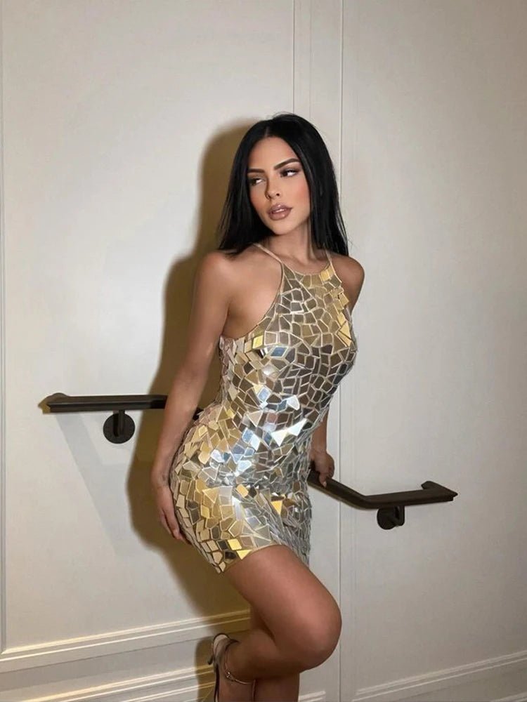 POWQUE URBAN STYLE Shiny Metallic Sequin Party Dress - POWQUE URBAN STYLE