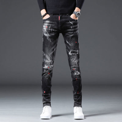 POWQUE URBAN STYLE Slim Fit Black Men's Pants Distressed - POWQUE URBAN STYLE