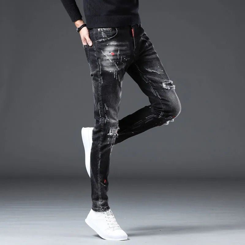 POWQUE URBAN STYLE Slim Fit Black Men's Pants Distressed - POWQUE URBAN STYLE