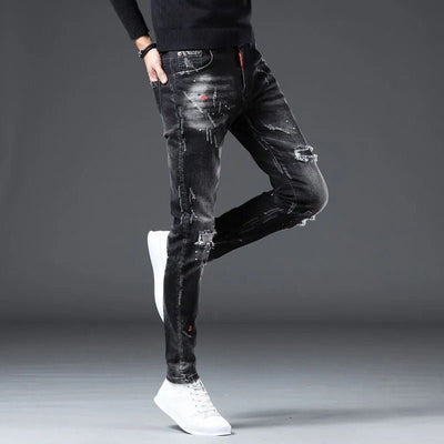 POWQUE URBAN STYLE Slim Fit Black Men's Pants Distressed - POWQUE URBAN STYLE