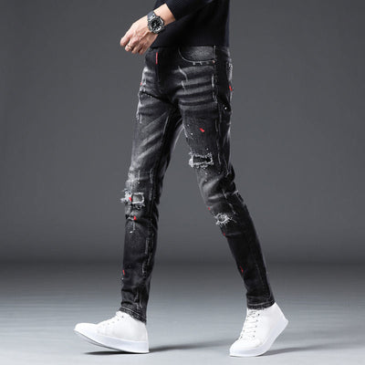 POWQUE URBAN STYLE Slim Fit Black Men's Pants Distressed - POWQUE URBAN STYLE