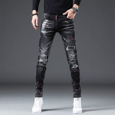 POWQUE URBAN STYLE Slim Fit Black Men's Pants Distressed - POWQUE URBAN STYLE