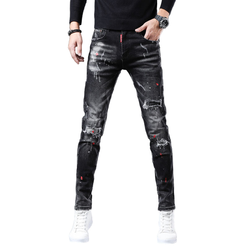 POWQUE URBAN STYLE Slim Fit Black Men's Pants Distressed - POWQUE URBAN STYLE