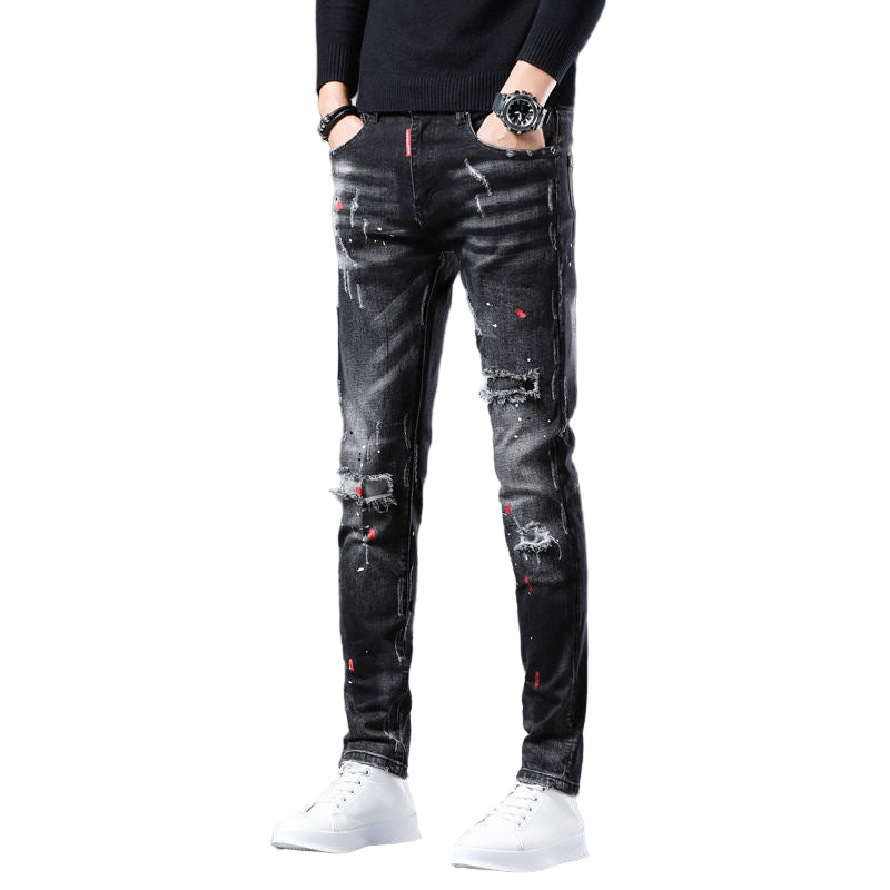 POWQUE URBAN STYLE Slim Fit Black Men's Pants Distressed - POWQUE URBAN STYLE