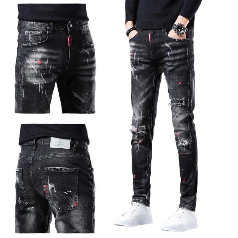 POWQUE URBAN STYLE Slim Fit Black Men's Pants Distressed - POWQUE URBAN STYLE
