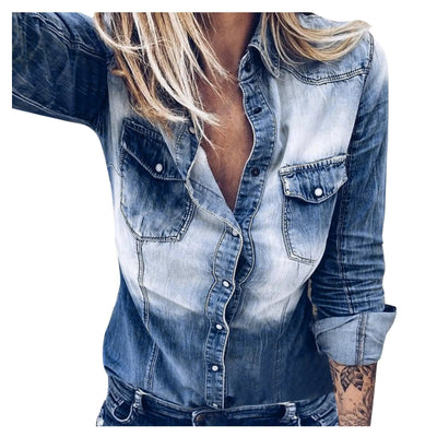 POWQUE URBAN STYLE Women's Denim Shirt Jacket - Stylish Urban Wear - POWQUE URBAN STYLE