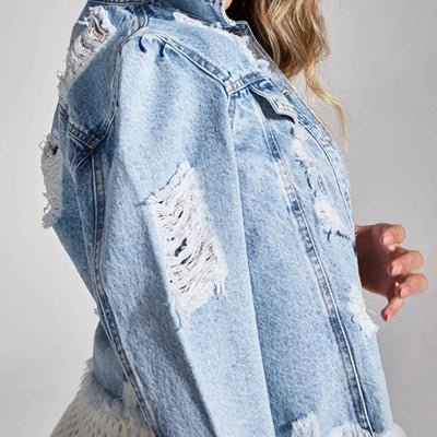 POWQUE Urban Style Women's Distressed Denim Jacket - POWQUE URBAN STYLE